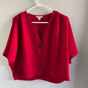 Red Cropped Button Down Top